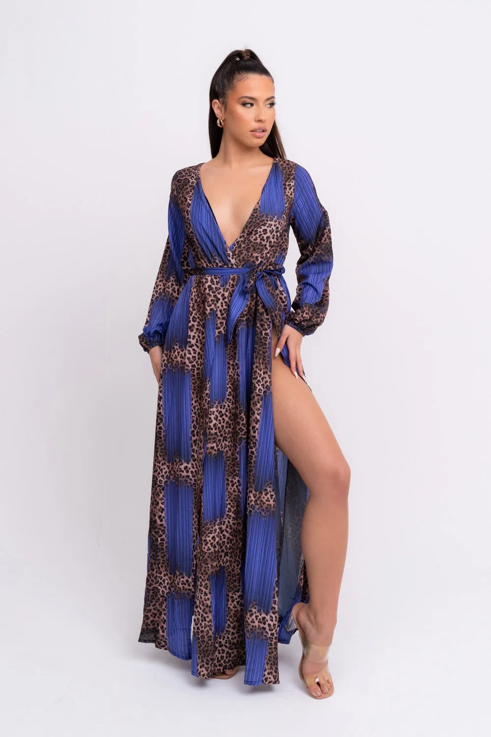 Wild Love Royal Blue & Leopard Print Plunge Long Sleeve Double Slit Maxi Dress