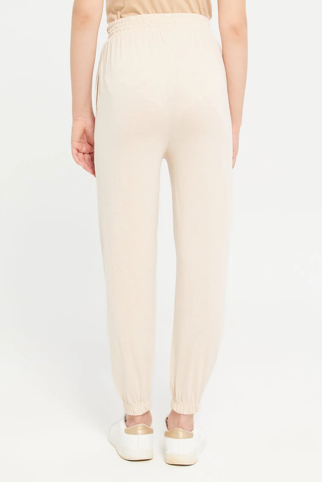 Woman Beige Plain Active Pants