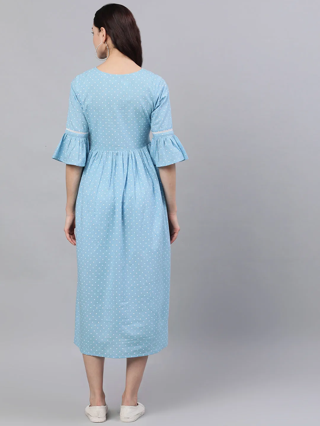 Women Blue Polka Dots Printed Round Neck Cotton Maxi Dress