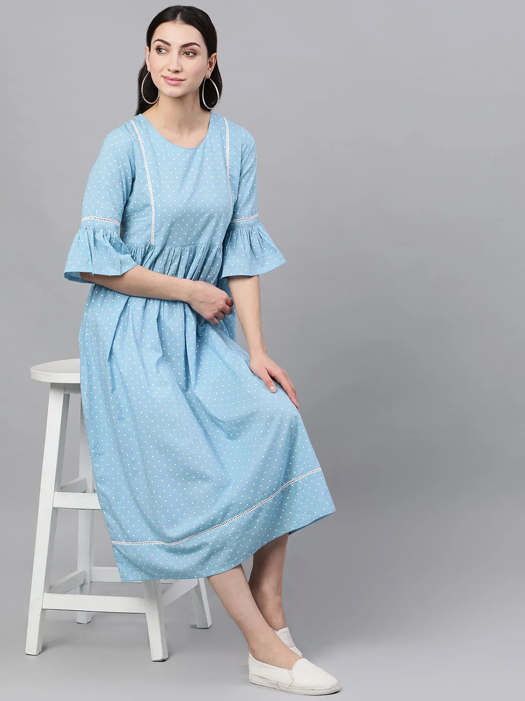 Women Blue Polka Dots Printed Round Neck Cotton Maxi Dress