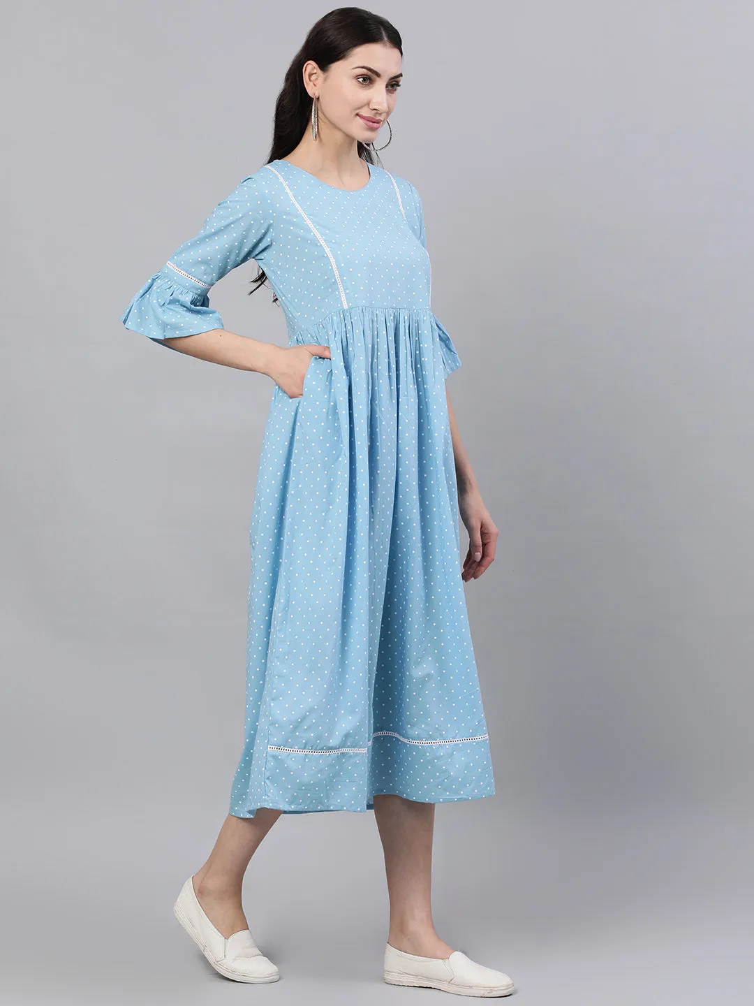 Women Blue Polka Dots Printed Round Neck Cotton Maxi Dress