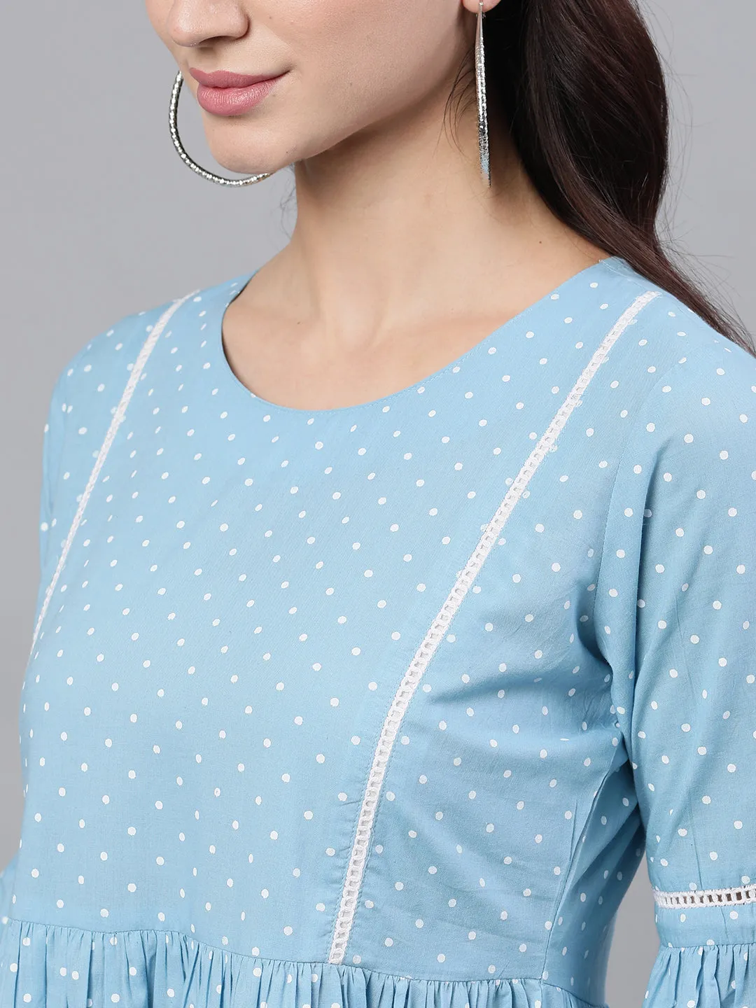 Women Blue Polka Dots Printed Round Neck Cotton Maxi Dress