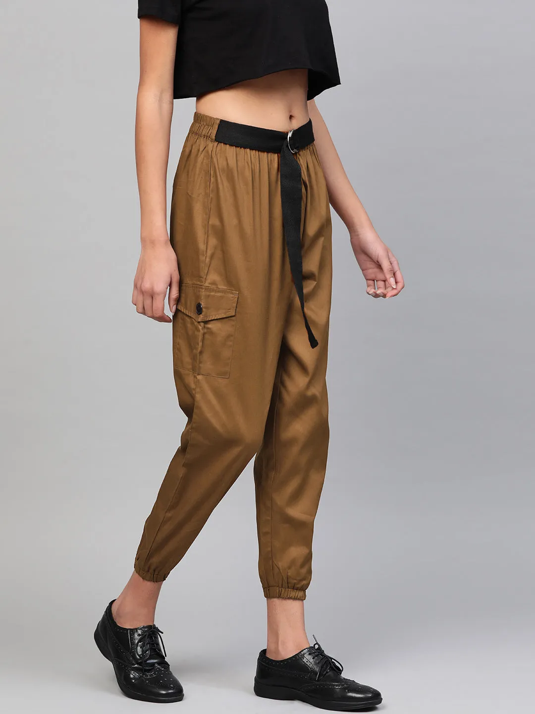 Women Brown Jogger Belted Pants