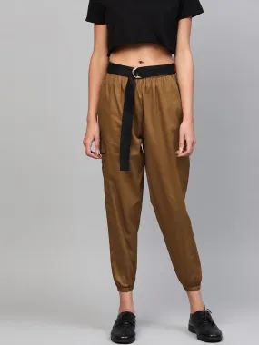 Women Brown Jogger Belted Pants