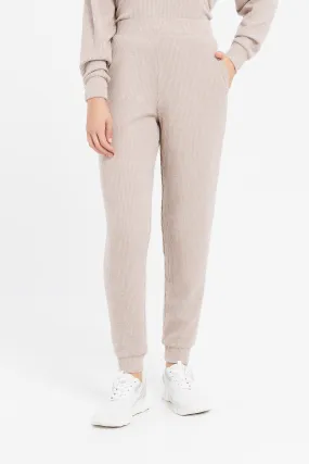 Women Ecru Ribbed Joggers