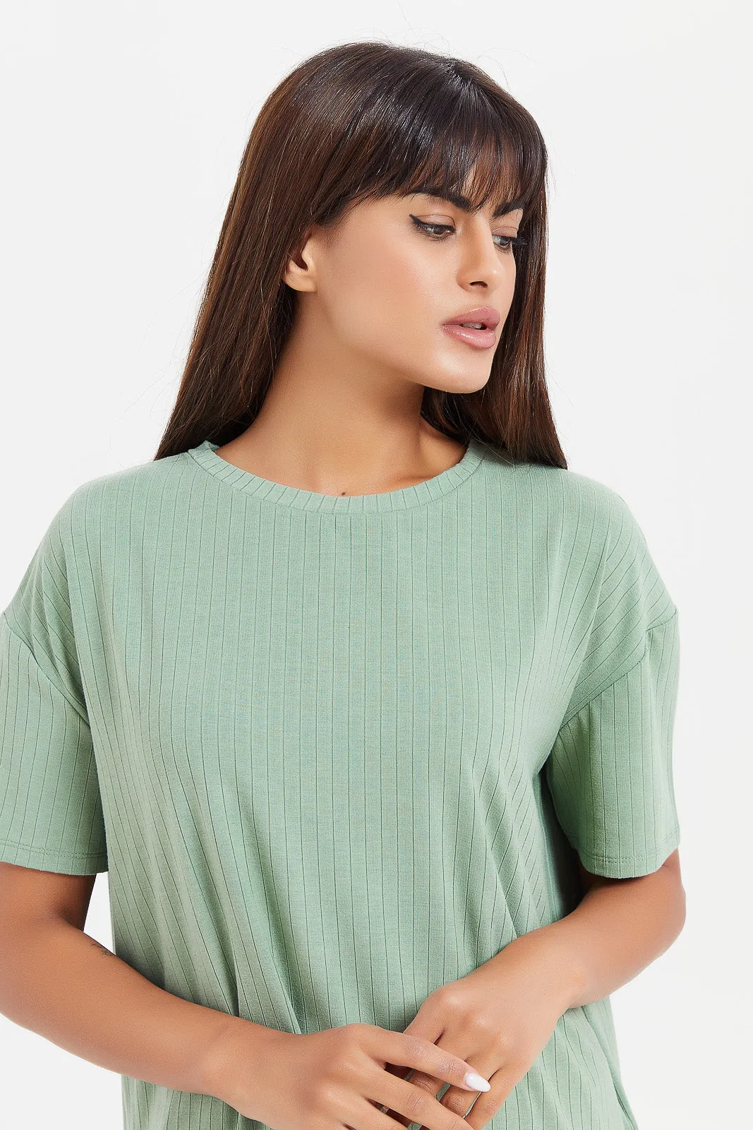 Women Green Mélange Short Sleeved Boxy T-Shirt