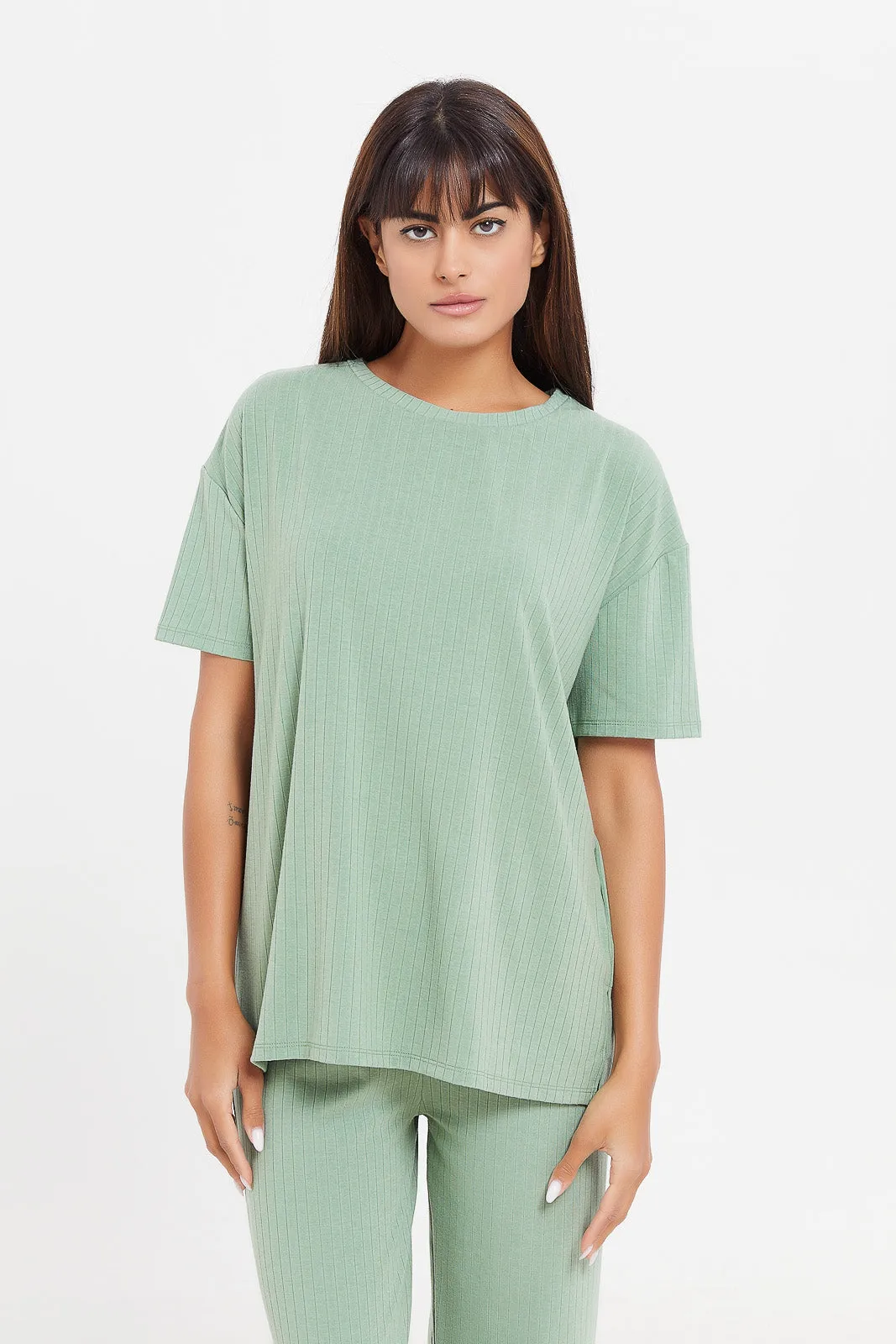 Women Green Mélange Short Sleeved Boxy T-Shirt