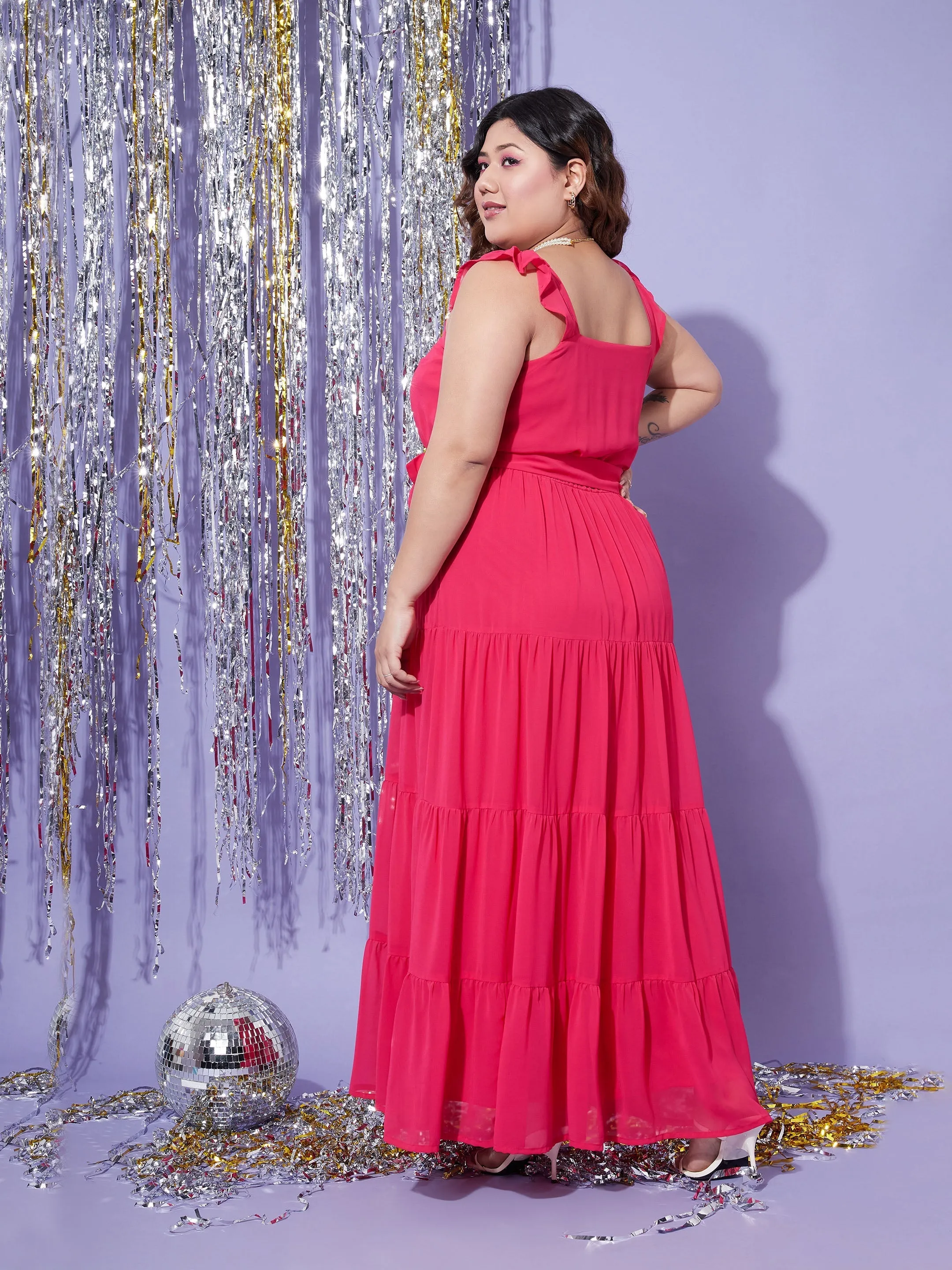 Women Magenta Strappy Frill Tiered Maxi Dress