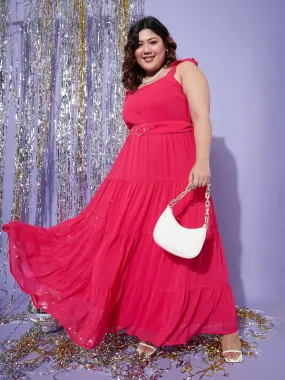 Women Magenta Strappy Frill Tiered Maxi Dress