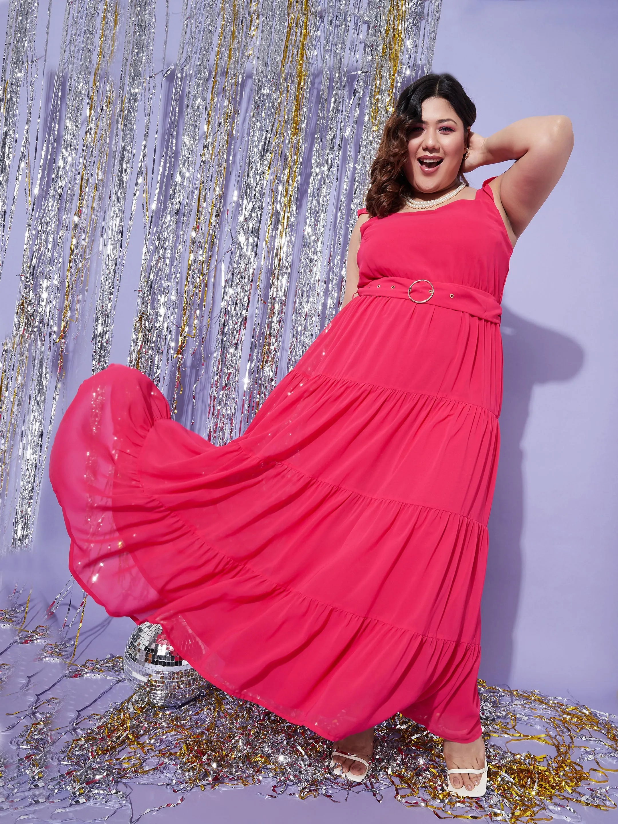 Women Magenta Strappy Frill Tiered Maxi Dress