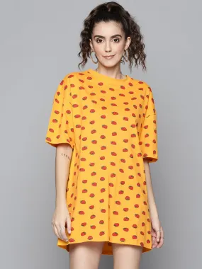 Women Mustard Strawberry T-Shirt Dress