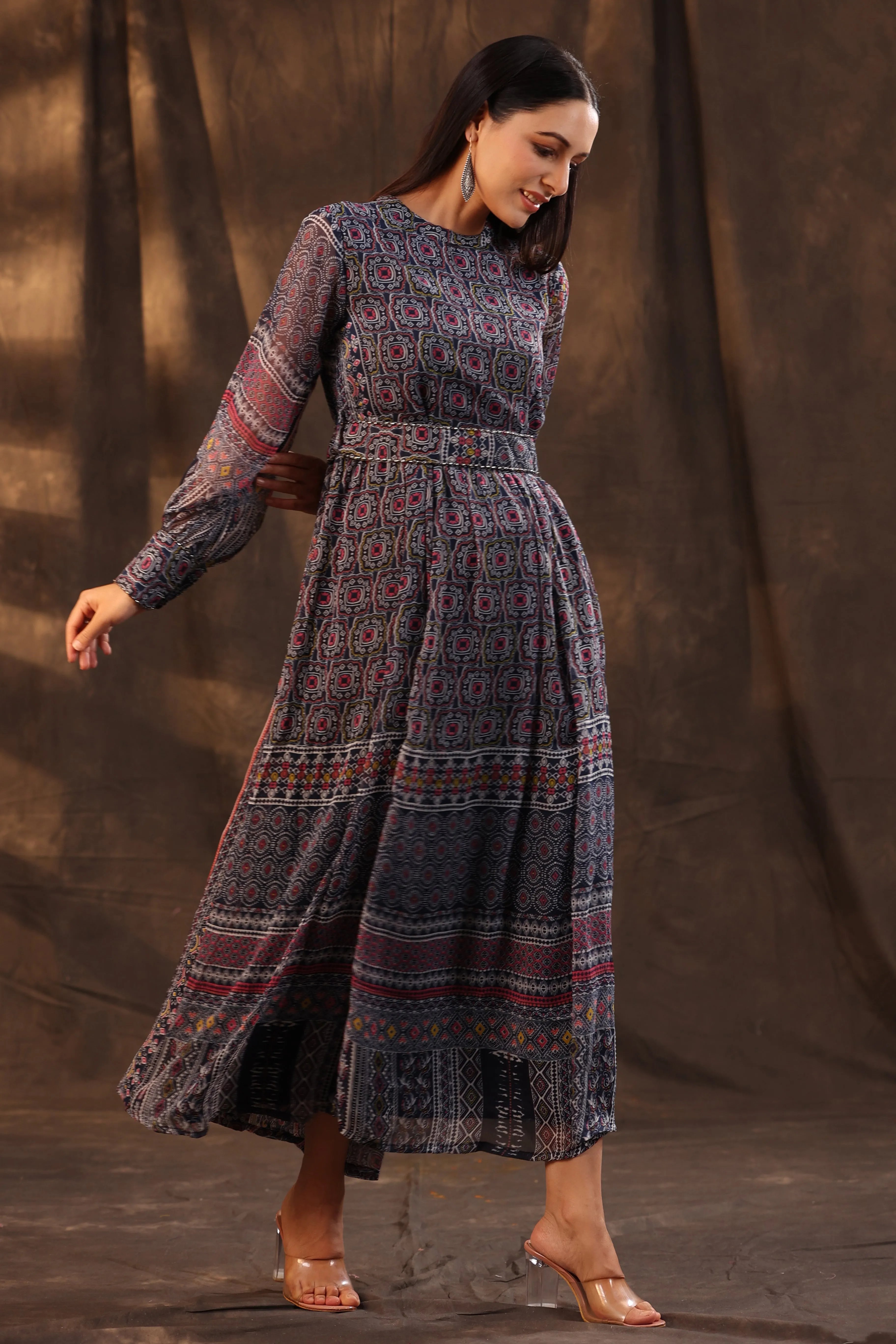 Women Navy Chiffon Printed Dress & Belt