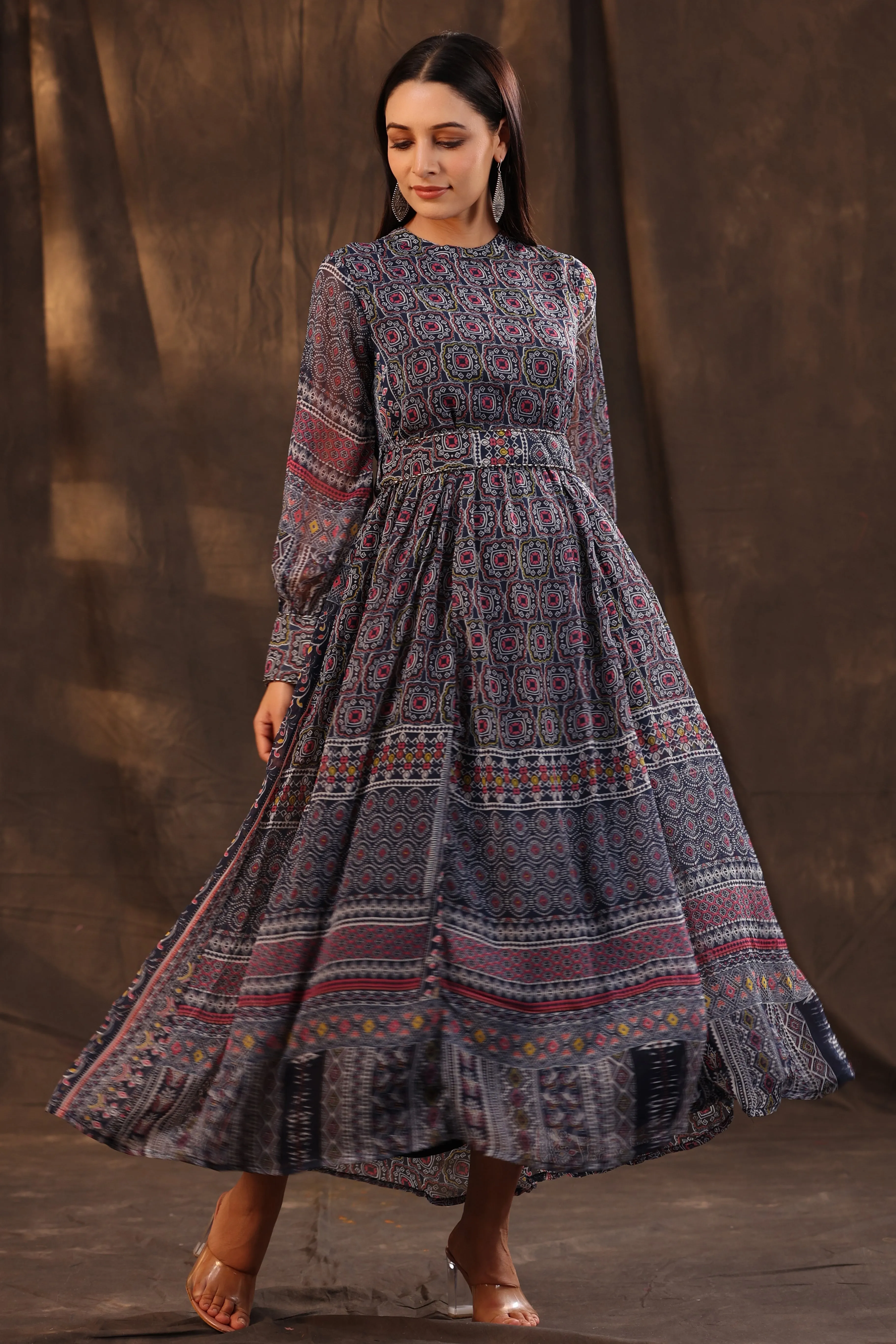 Women Navy Chiffon Printed Dress & Belt