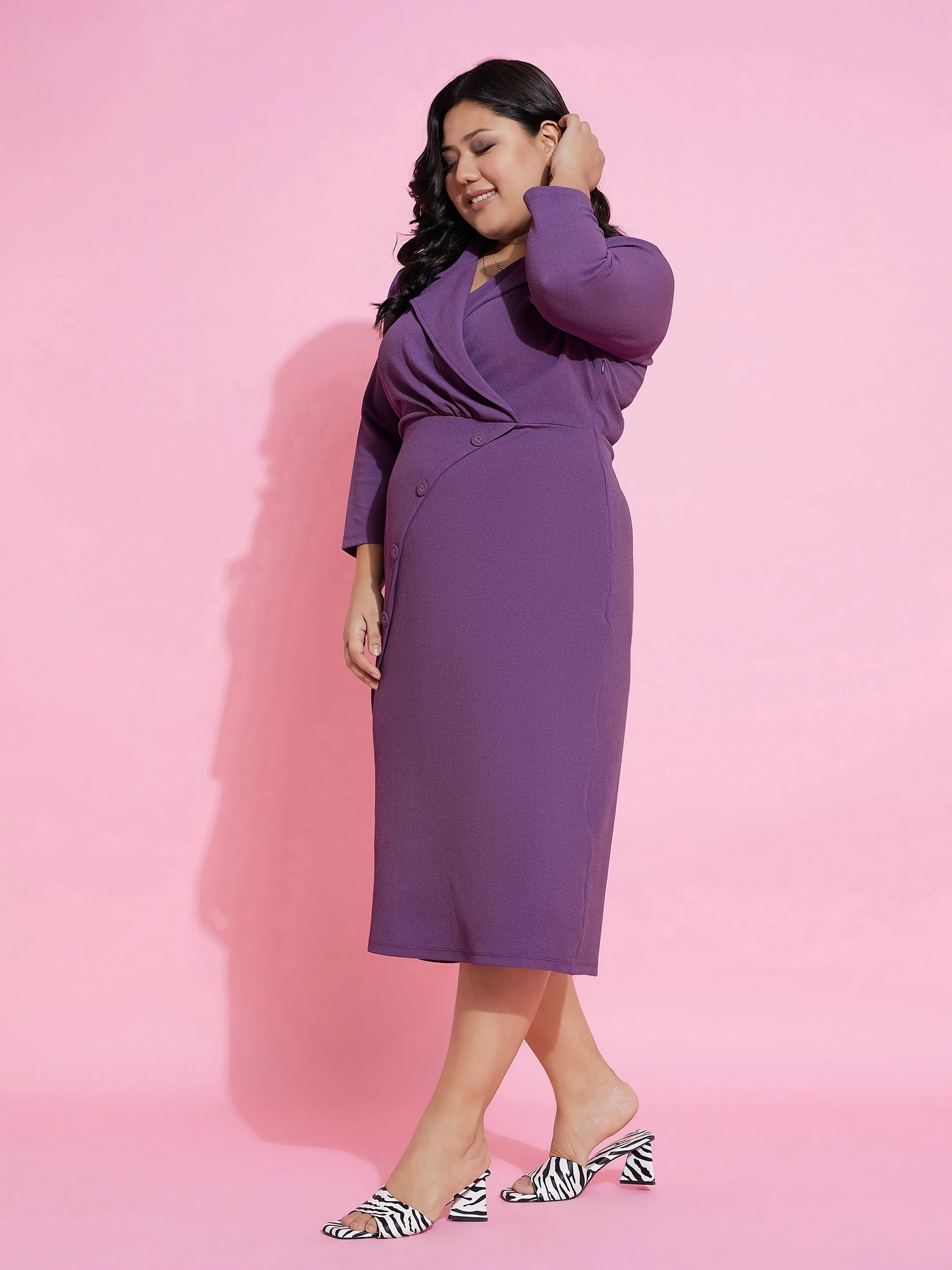 Women Purple Solid Wrap Blazer Dress