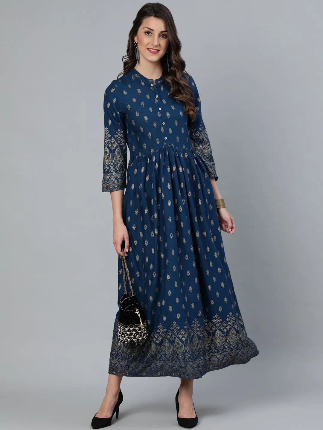 Women Teal Blue Printed Maxi Dress With Three Quarter Sleeves