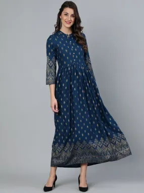 Women Teal Blue Printed Maxi Dress With Three Quarter Sleeves