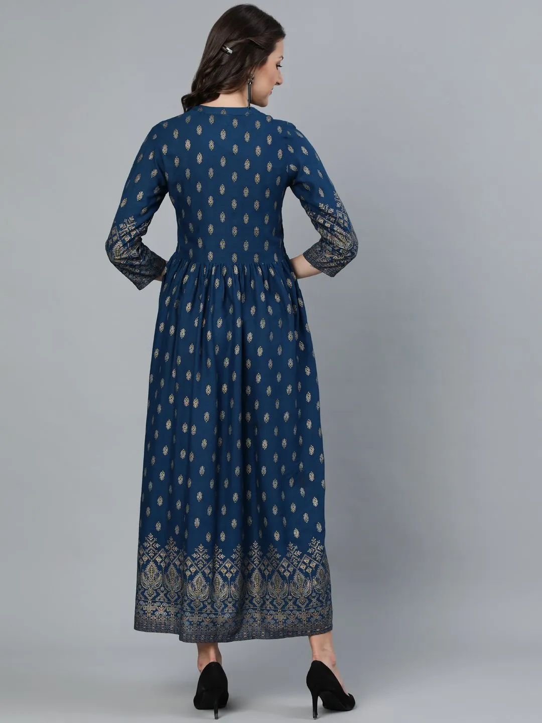 Women Teal Blue Printed Maxi Dress With Three Quarter Sleeves