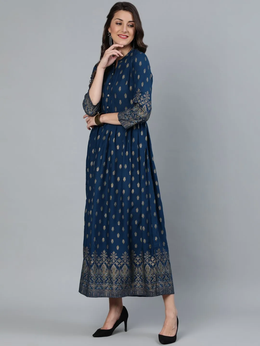 Women Teal Blue Printed Maxi Dress With Three Quarter Sleeves