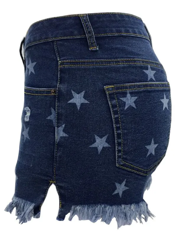 Women's Casual Fringe Pentagram Print High Waist Denim Shorts