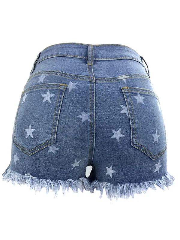 Women's Casual Fringe Pentagram Print High Waist Denim Shorts