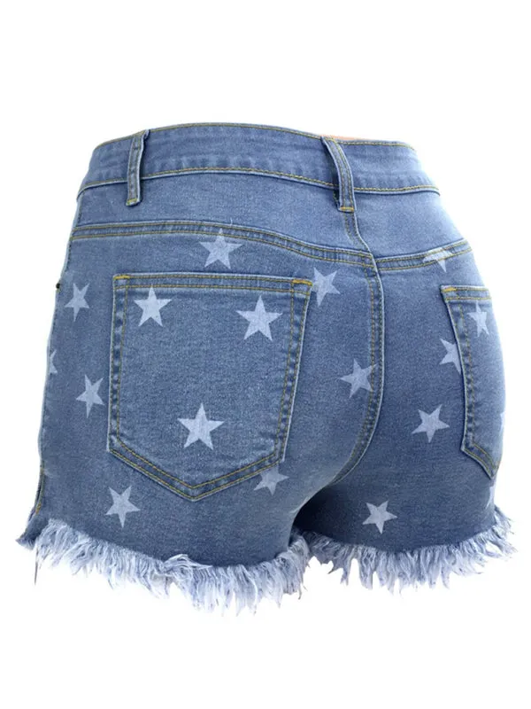 Women's Casual Fringe Pentagram Print High Waist Denim Shorts