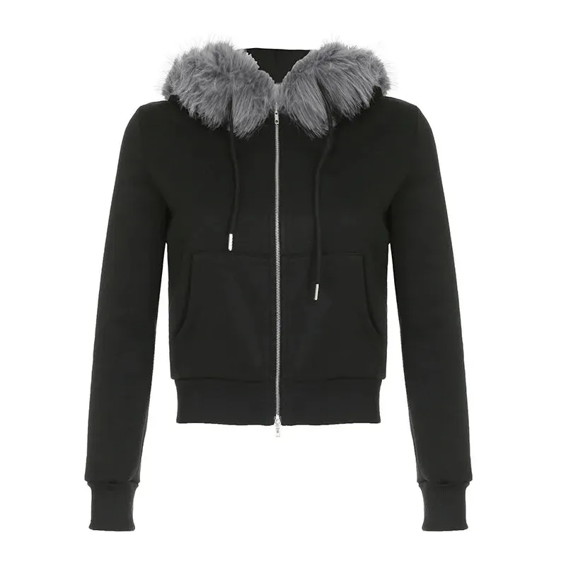 Womens Fleece Jacket with Fur Hood Double-ended Zipper Cropped Cardigan Y2k Fall Winter New in Outwears P84-DI40