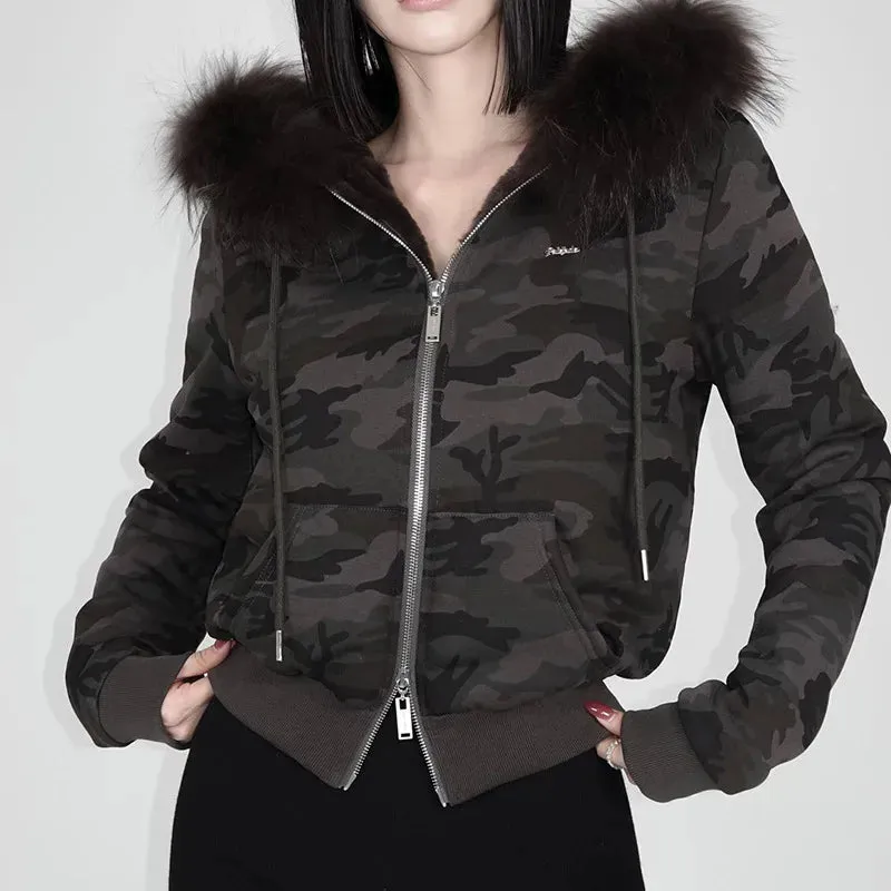 Womens Fleece Jacket with Fur Hood Double-ended Zipper Cropped Cardigan Y2k Fall Winter New in Outwears P84-DI40