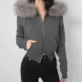 Womens Fleece Jacket with Fur Hood Double-ended Zipper Cropped Cardigan Y2k Fall Winter New in Outwears P84-DI40