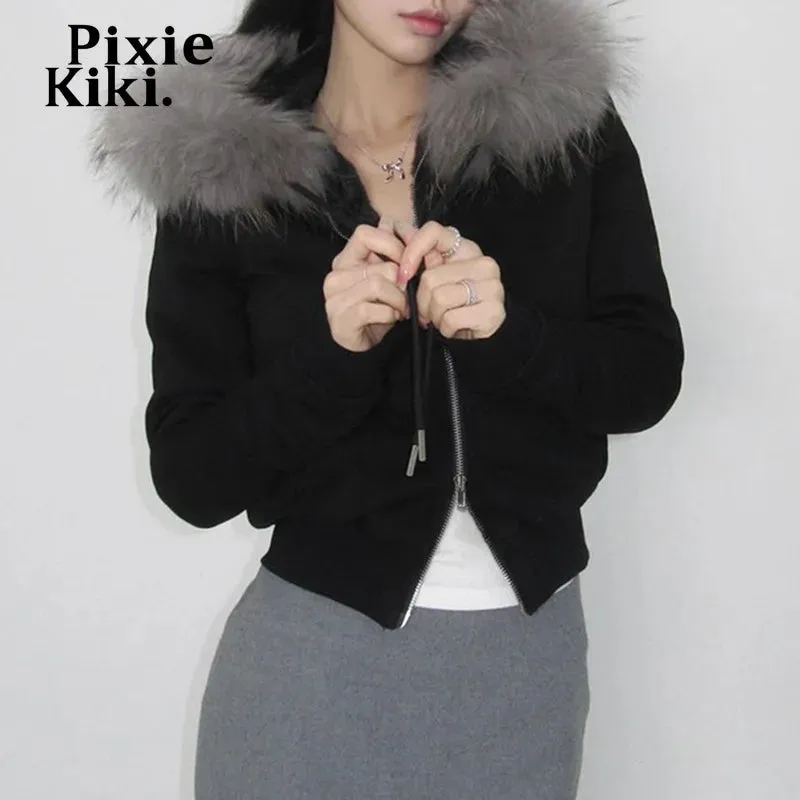 Womens Fleece Jacket with Fur Hood Double-ended Zipper Cropped Cardigan Y2k Fall Winter New in Outwears P84-DI40