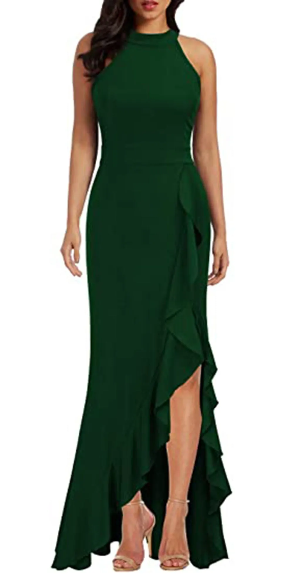 Women's High Neck Split Bodycon Mermaid Evening Cocktail Long Dress