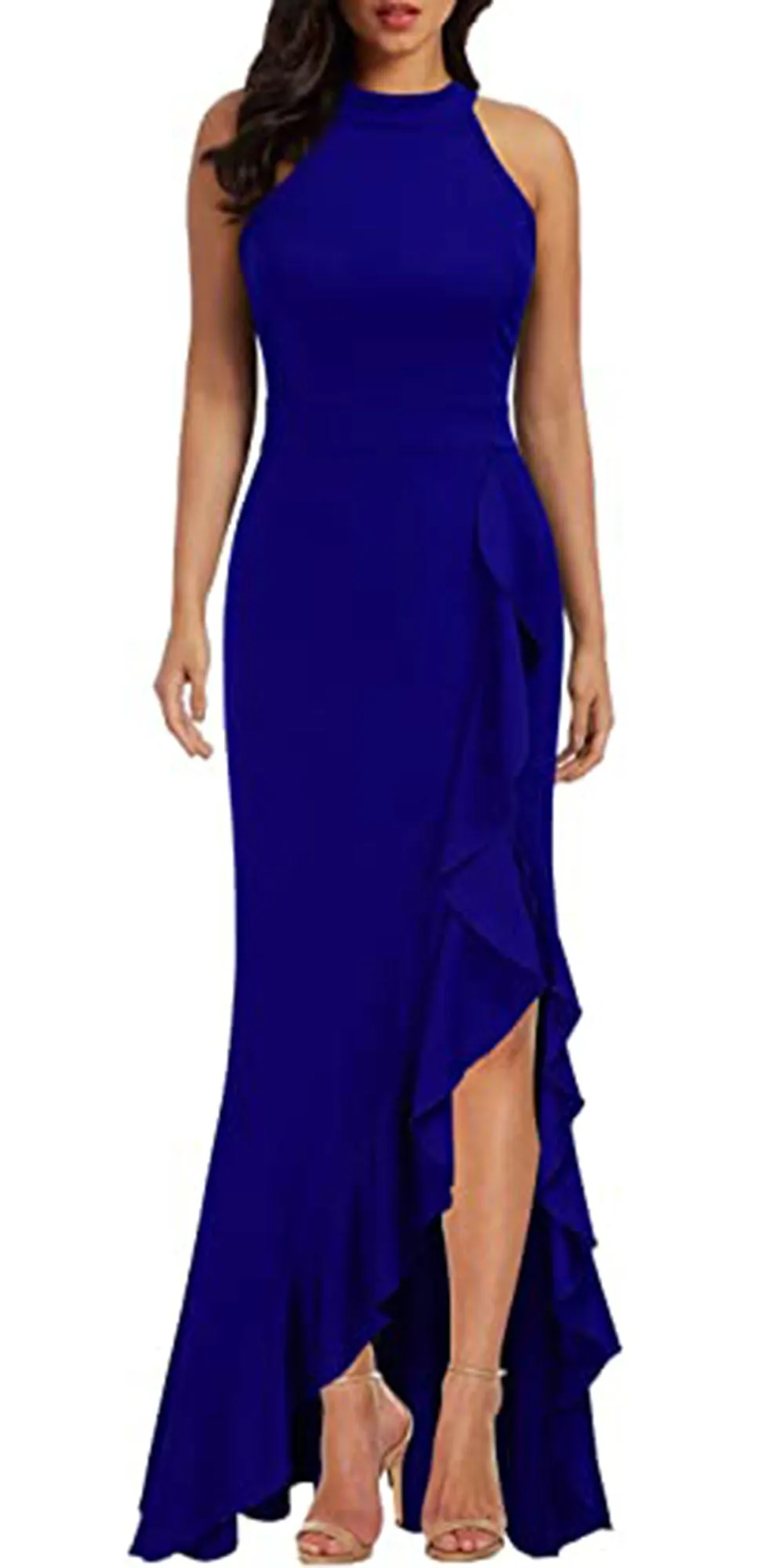 Women's High Neck Split Bodycon Mermaid Evening Cocktail Long Dress