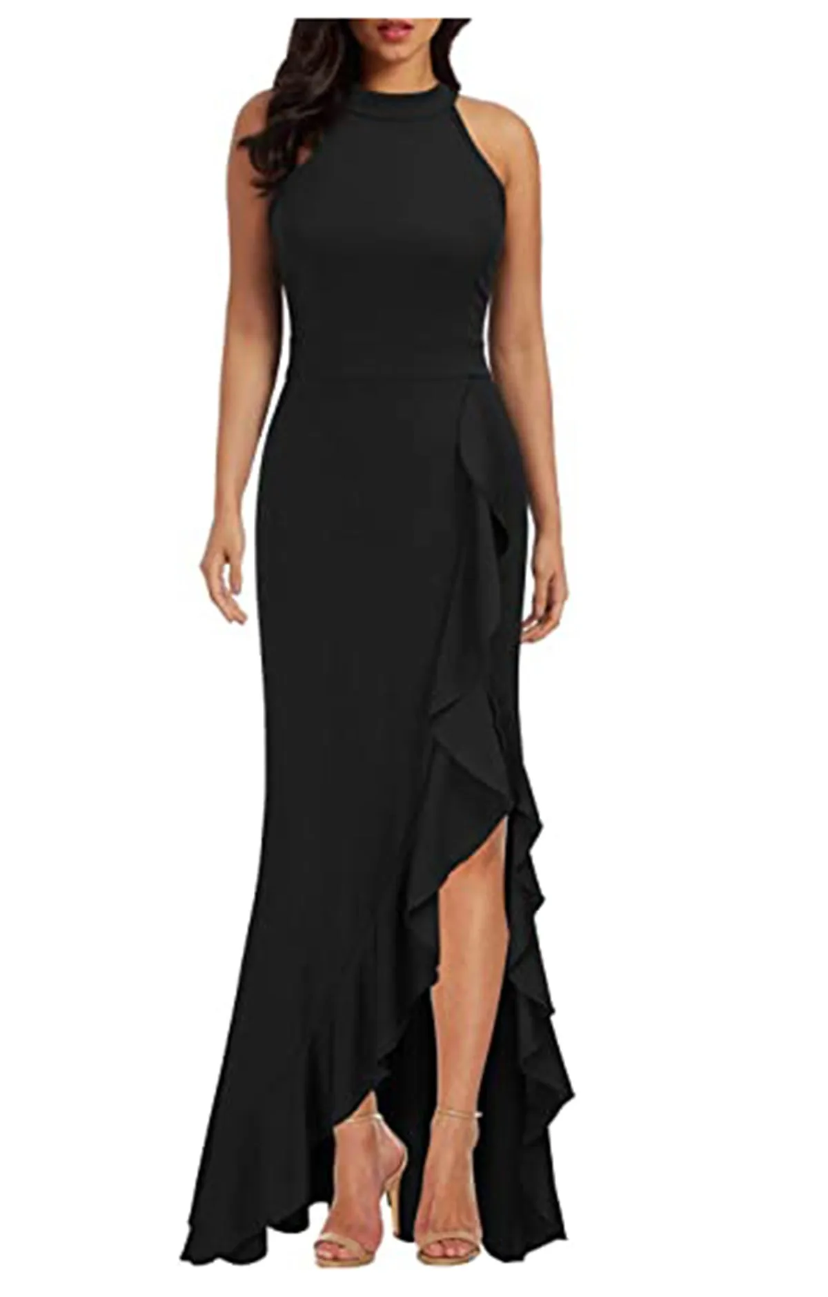 Women's High Neck Split Bodycon Mermaid Evening Cocktail Long Dress