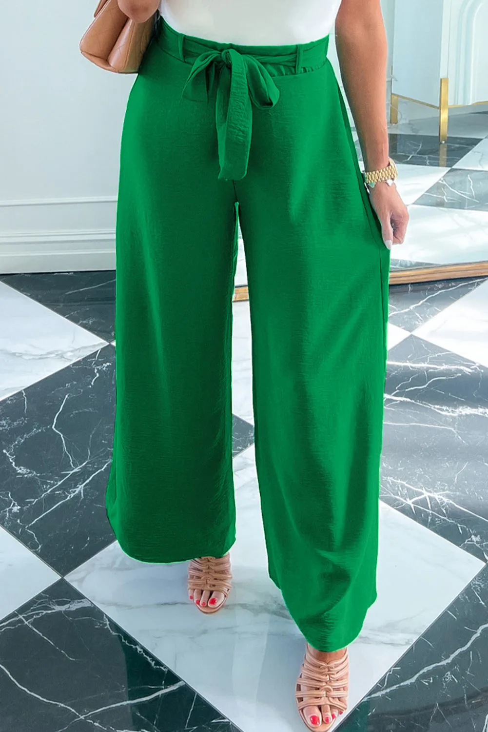 Women's High Waist Loops Belted Wide Leg Pants