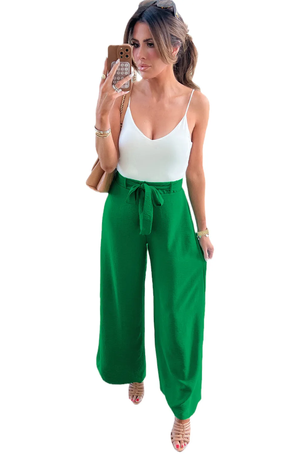 Women's High Waist Loops Belted Wide Leg Pants