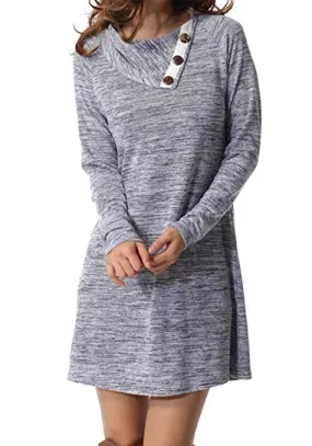 Women's Long Sleeve Button Deco Neck Loose Casual Short T Shirt Dress