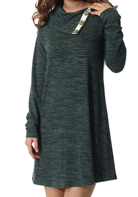 Women's Long Sleeve Button Deco Neck Loose Casual Short T Shirt Dress