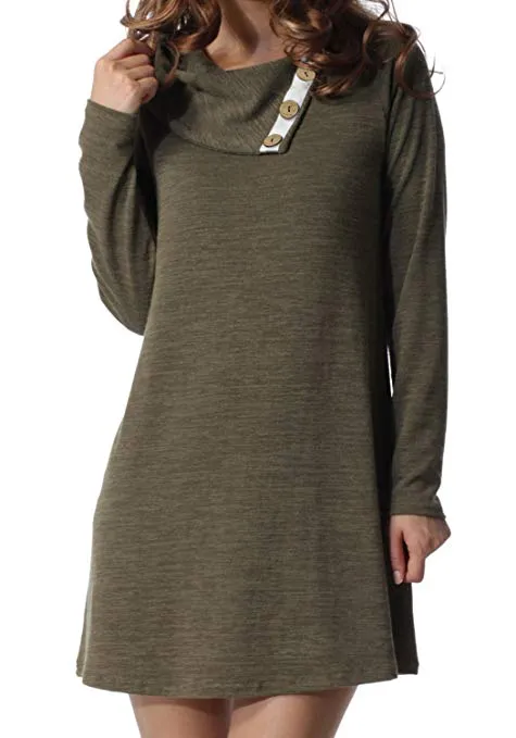 Women's Long Sleeve Button Deco Neck Loose Casual Short T Shirt Dress