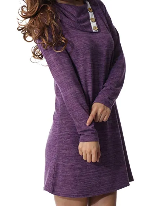 Women's Long Sleeve Button Deco Neck Loose Casual Short T Shirt Dress