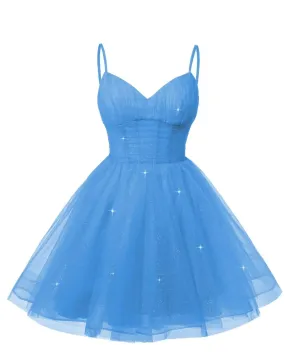 Women's V Neck Tulle Spaghetti Straps Blue Homecoming Dresses with Corset Back Short Prom Gowns for Teens