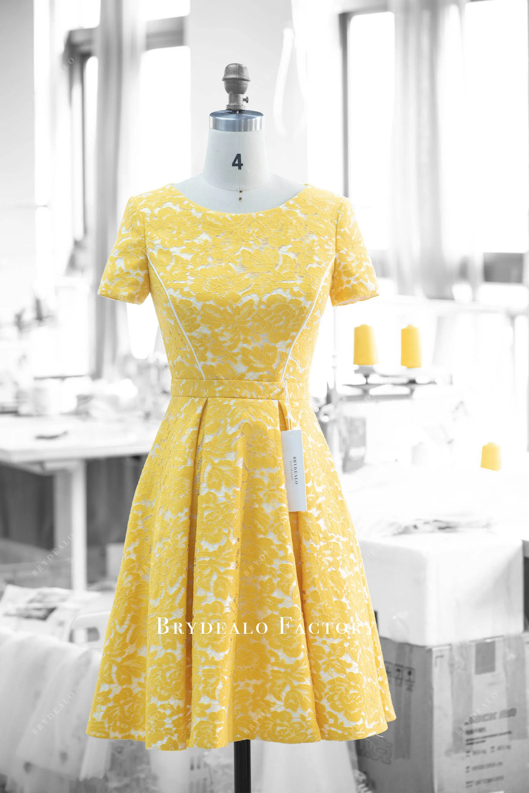 Yellow Lace Short Sleeve Semi-Formal Dress